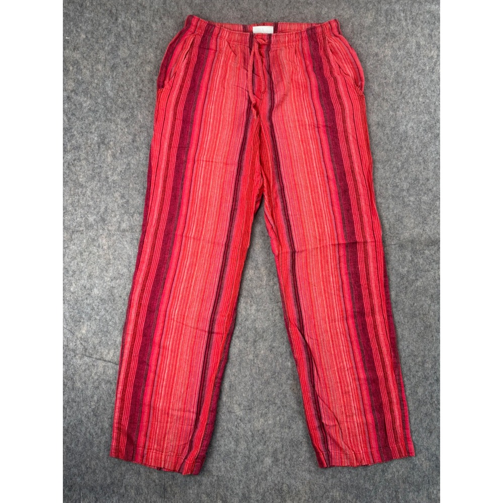 Orvis Pant Women S Red Linen Rayon Striped Drawstring Boho Coastal Summer Casual